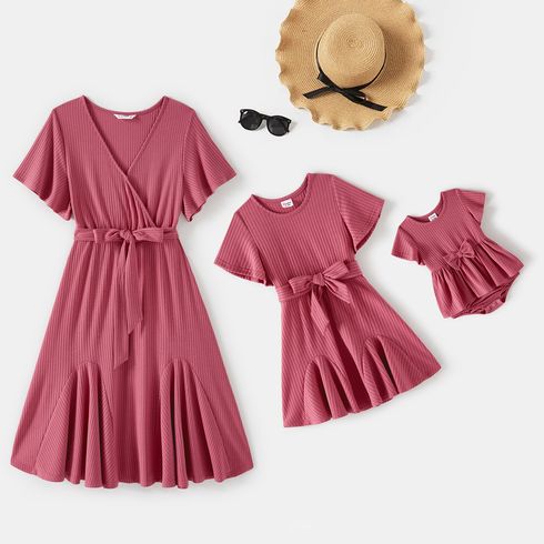 Mommy and Me Solid Textured Surplice Neck Short-sleeve Belted Ruffle Hem Dresses