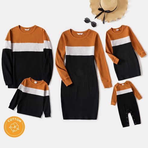 Family Matching Colorblock Rib Knit Long-sleeve Bodycon Dresses and Tops Sets