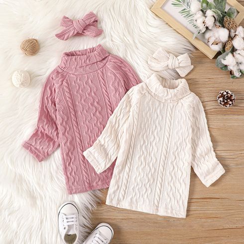 2pcs Baby Girl Solid Turtleneck Long-sleeve Knitted Sweater Dress with Headband Set