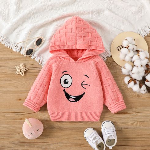 Baby Girl Graphic Embroidered Pink Knitted Hooded Long-sleeve Pullover