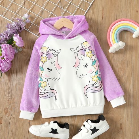 Kid Girl Unicorn Print Fleece Splice Hoodie Sweatshirt