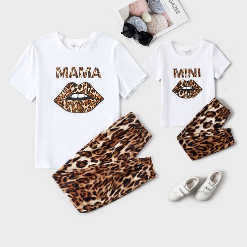 Mommy and Me Cotton Short-sleeve Lips & Letter Print T-shirts and Leopard Pants Sets