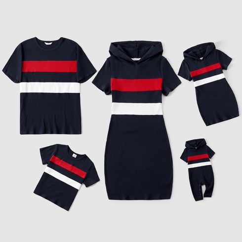Family Matching Colorblock Ribbed Hooded Bodycon Dresses and Short-sleeve T-shirts Sets