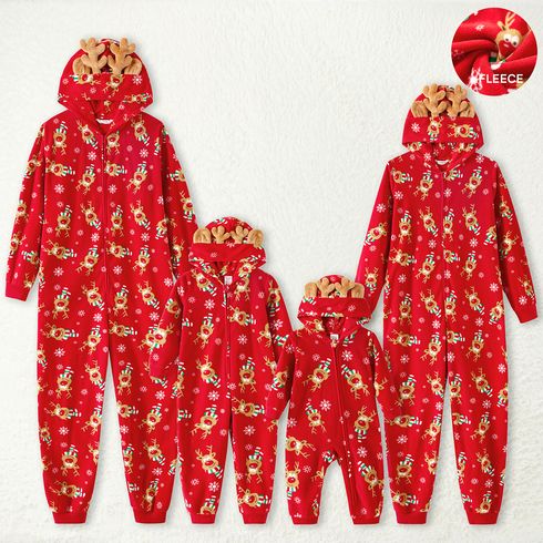 Christmas Family Matching Allover Deer Print 3D Antler Hooded Long-sleeve Red Thickened Polar Fleece Onesies Pajamas (Flame Resistant)