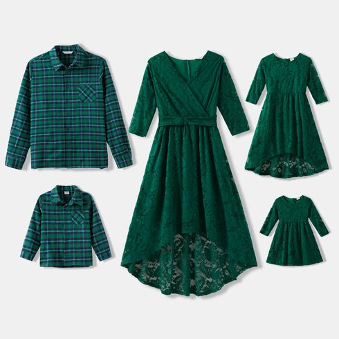 Family Matching Dark Green Lace 3/4 Sleeve Irregular Hem Dresses and Plaid Shirts Sets