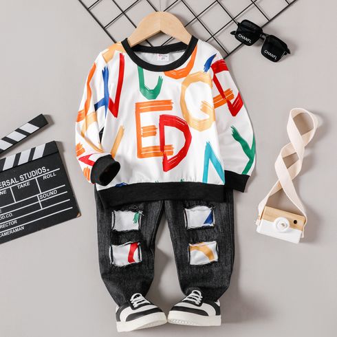2pcs Toddler Boy Trendy Ripped Denim Jeans and Letter Print Sweatshirt Set
