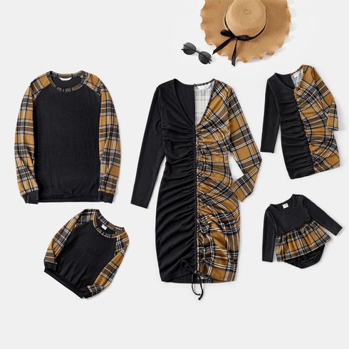Family Matching Black Spliced Plaid V Neck Drawstring Ruched Bodycon Dresses and Raglan-sleeve Sweatshirts Sets