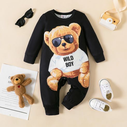 Baby Boy Bear Print Black Long-sleeve Jumpsuit