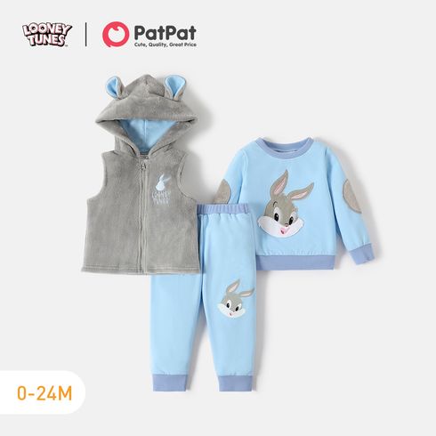 Looney Tunes 3pcs Baby Boy/Girl Animal Embroidered Long-sleeve Sweatshirt and Sweatpants with Fuzzy Vest Set