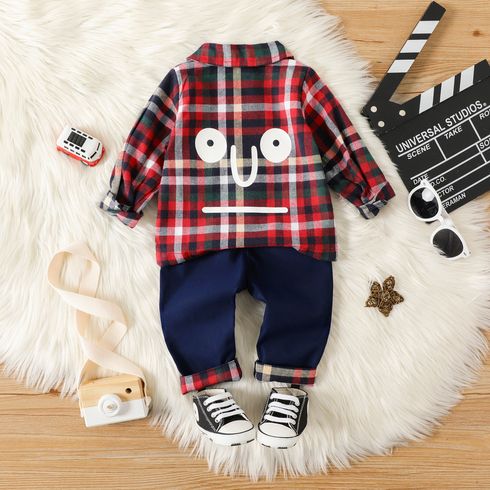 2pcs Baby Boy Graphic Print Long-sleeve Plaid Shirt and Straight-fit Pants Set