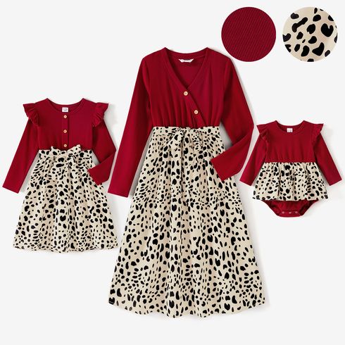 Mommy and Me Button Front Solid Long-sleeve Spliced Leopard Print Belted Midi Dresses