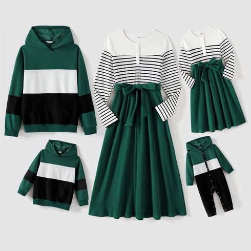 Family Matching Ribbed Striped Spliced Belted Dresses and Long-sleeve Colorblock Waffle Hoodies Sets