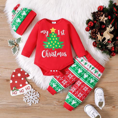 Christmas 3pcs Baby Boy/Girl 95% Cotton Long-sleeve Xmas Tree & Letter Print Red Romper and Pants with Hat Set