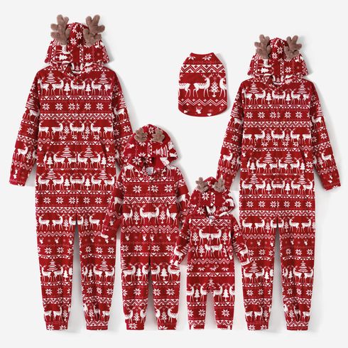 Christmas Family Matching Allover Deer Print 3D Antler Hooded Long-sleeve Red Thickened Polar Fleece Zipper Onesies Pajamas (Flame Resistant)