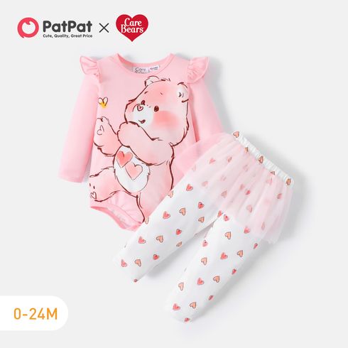Care Bears 2pcs Baby Girl Bear Graphic Pink Ruffle Long-sleeve Romper and Allover Heart Print Mesh Pants Set
