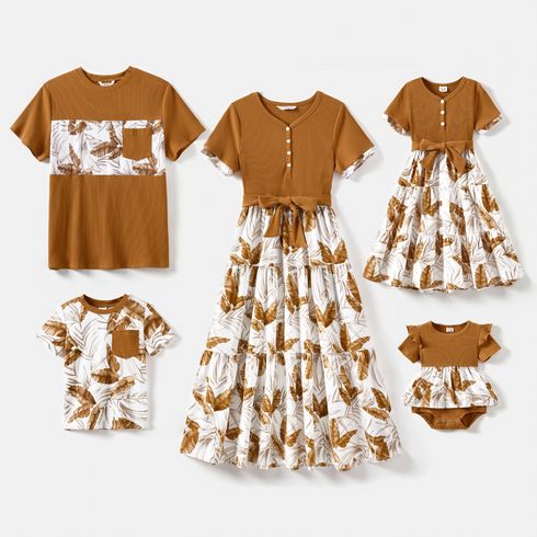 Family Matching Tawny Ribbed Spliced Allover Palm Leaf Print Midi Dresses and Short-sleeve T-shirts Sets