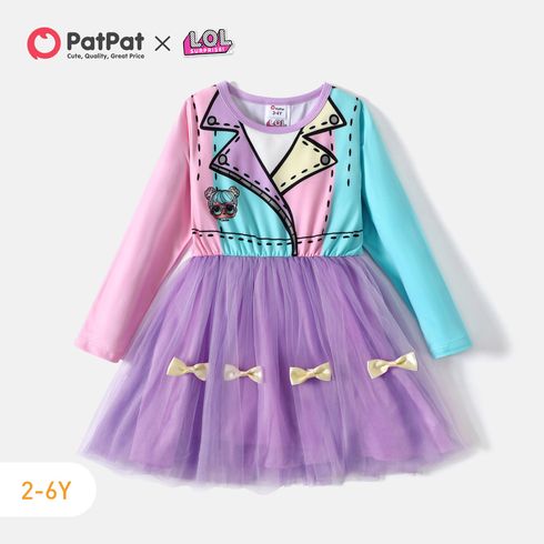 L.O.L. SURPRISE! Toddler Girl Bowknot Design Mesh Splice Colorblock Long-sleeve Dress