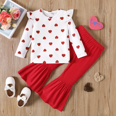 2pcs Toddler Girl Valentine's Day Heart Print Ruffled Long-sleeve Tee and Flared Pants Set