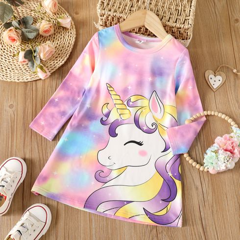 Toddler Girl Tie Dyed Unicorn Print Long-sleeve Dress