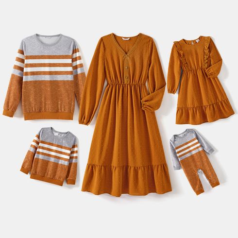 Family Matching Solid Swiss Dot Long-sleeve Ruffle Hem Dresses and Colorblock Striped Sweatshirts Sets