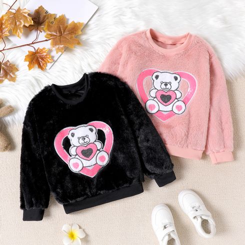 Kid Girl Bear Embroidered Sequined Fuzzy Fleece Sweatshirt