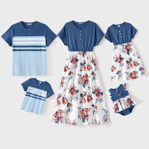 Family Matching Cotton Short-sleeve Floral Print Spliced Dresses and Striped Colorblock T-shirts Sets