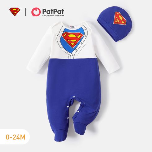 Superman 2pcs Baby Boy Graphic Print Long-sleeve Spliced Jumpsuit with Hat Set