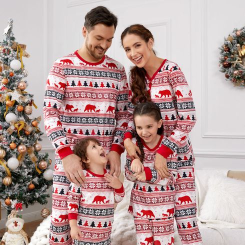 Christmas Family Matching Allover Print Red Long-sleeve Pajamas Sets (Flame Resistant)