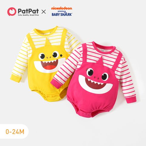 Baby Shark Baby Girl Cartoon Shark Print Spliced Striped Long-sleeve Romper