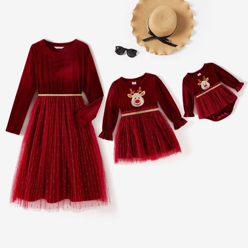 Christmas Mommy and Me Deer Embroidered Red Velvet Long-sleeve Mesh Dresses
