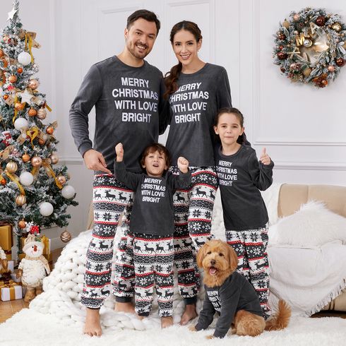 Christmas Family Matching Letter Print Dark Grey Long-sleeve Thickened Polar Fleece Pajamas Sets (Flame Resistant)