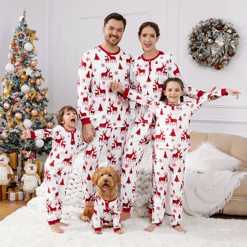 Christmas Family Matching Allover Red Reindeer Print Tie Dye Long-sleeve Pajamas Sets (Flame Resistant)
