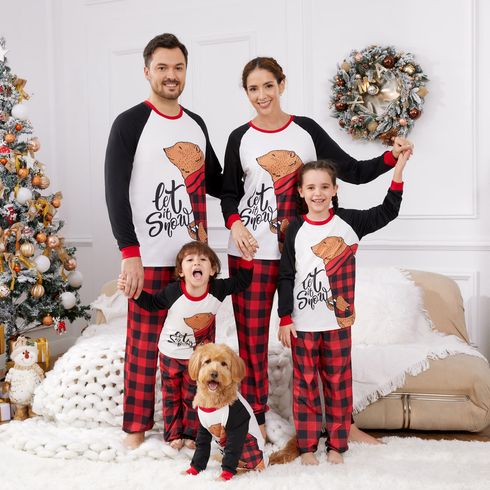 Christmas Family Matching Bear & Letter Print Raglan-sleeve Red Plaid Pajamas Sets (Flame Resistant)