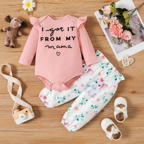 2pcs Baby Girl Letter Print Ribbed Ruffle Long-sleeve Romper and Elephant Print Pants Set