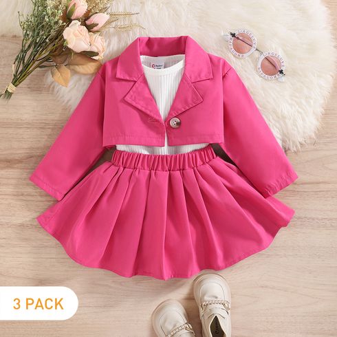 3pcs Baby Girl Long-sleeve Ribbed Romper and Hot Pink Crop Jacket & Pleated Skirt Set