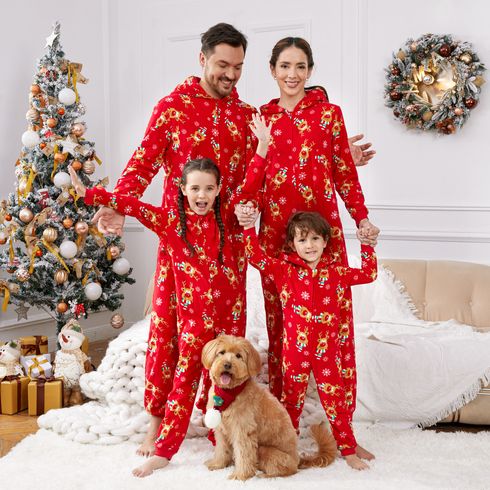 Christmas Family Matching Allover Deer Print 3D Antler Hooded Long-sleeve Red Thickened Polar Fleece Onesies Pajamas (Flame Resistant)