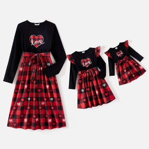 Valentine's Day Mommy and Me Cotton Long-sleeve Spliced Heart Print Red Plaid Belted Dresses