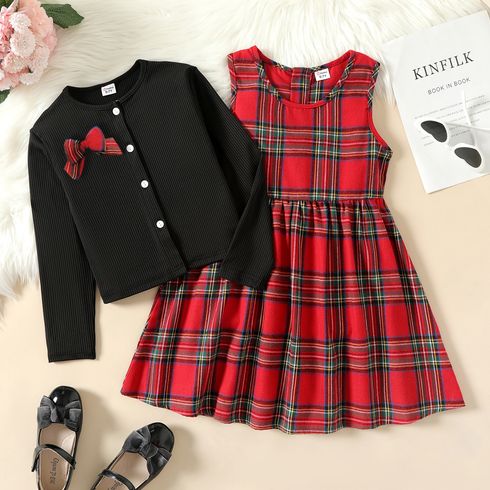 2pcs Kid Girl Red Plaid Sleeveless Dress and 3D Bowknot Design Cardigan Set