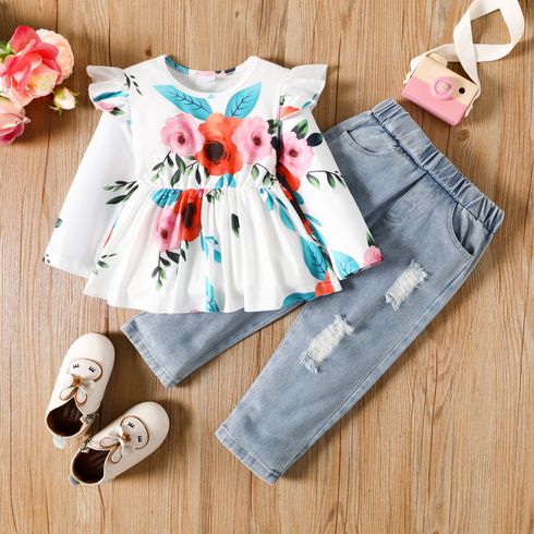 2pcs Toddler Girl Trendy Ripped Denim Jeans and Floral Print Tee Set