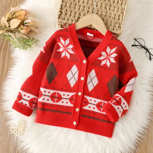 Toddler Girl Christmas Geo Graphic Button Design Sweater