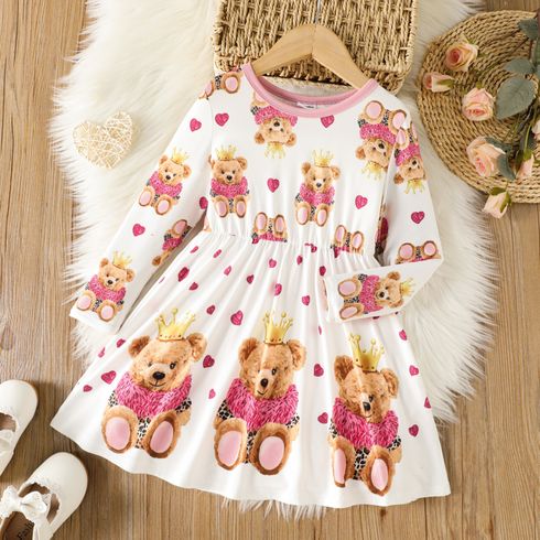 Toddler Girl Sweet Bear Print Long-sleeve Dress