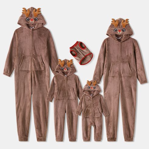 Christmas Family Matching Brown Coral Fleece Long-sleeve 3D Antler Hooded Onesies Pajamas (Flame Resistant)