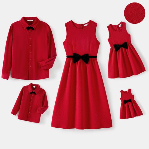 Family Matching Bow Front Red Heart Textured Tank Dresses and Long-sleeve Corduroy Shirts Sets