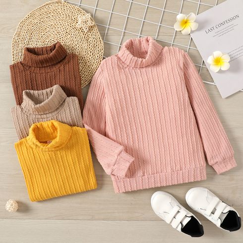 Kid Girl Solid Color Turtleneck Textured Knit Sweater