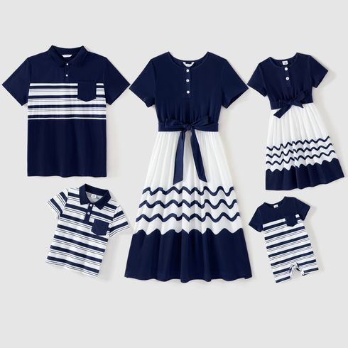 Family Matching Cotton Short-sleeve Spliced Chevron Pattern Dresses and Striped Polo Shirts Sets