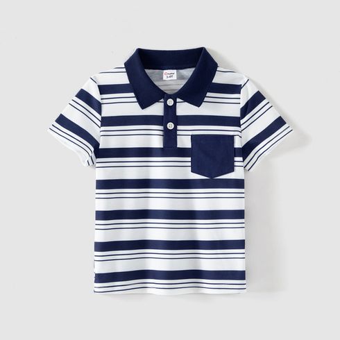 Family Matching Cotton Short-sleeve Spliced Chevron Pattern Dresses and Striped Polo Shirts Sets blueblack big image 9