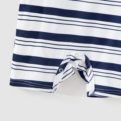 Family Matching Cotton Short-sleeve Spliced Chevron Pattern Dresses and Striped Polo Shirts Sets blueblack big image 13