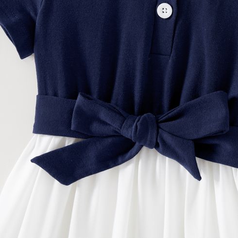 Family Matching Cotton Short-sleeve Spliced Chevron Pattern Dresses and Striped Polo Shirts Sets blueblack big image 5
