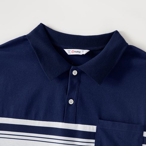 Family Matching Cotton Short-sleeve Spliced Chevron Pattern Dresses and Striped Polo Shirts Sets blueblack big image 8