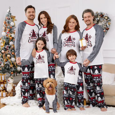Christmas Tree Snowflake and Letters Print Grey Family Matching Long-sleeve Pajamas Sets (Flame Resistant)